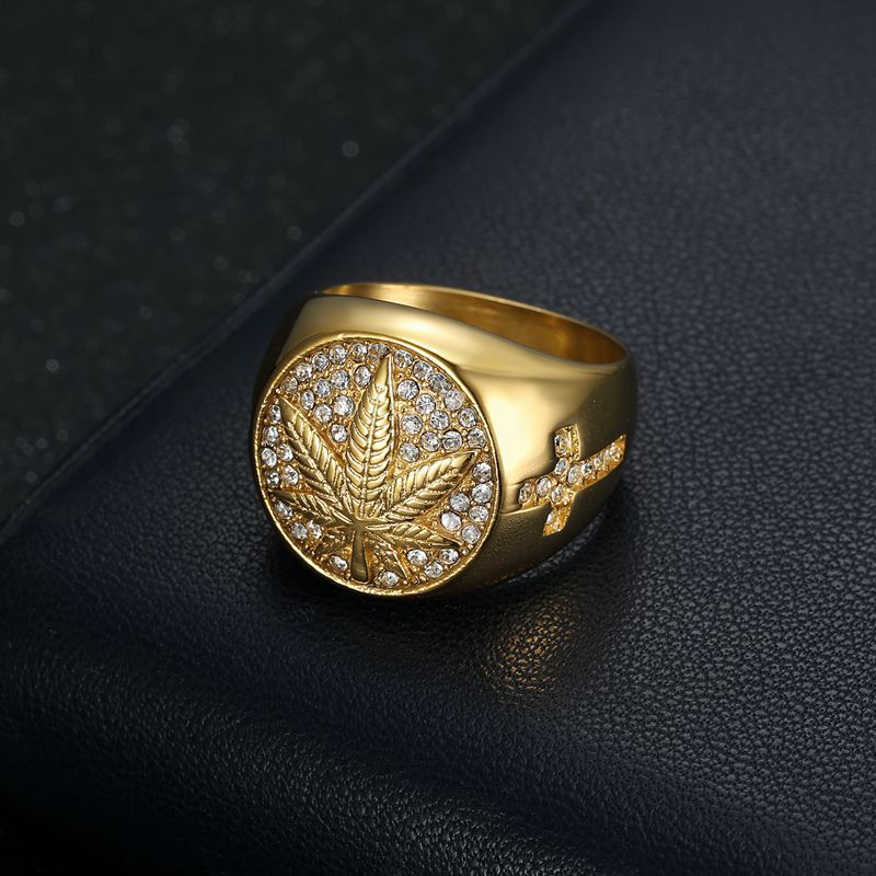 Planderful Collection Hip Hop Titanium Steel Ring For Men Gold Maple Leaf Rhinestone Cross