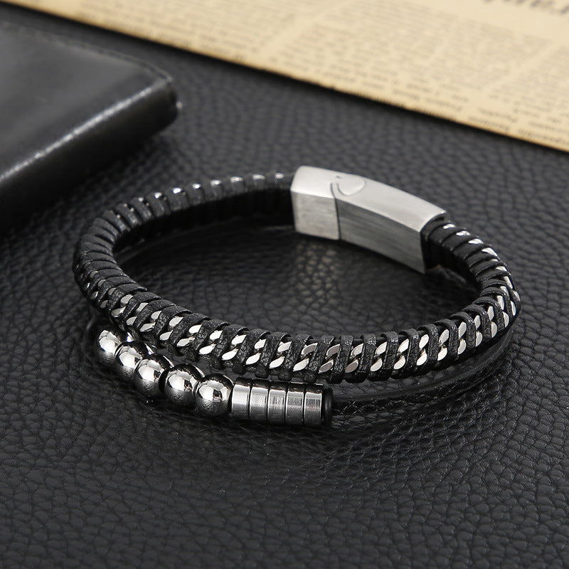 Planderful Men Punk Bracelet Magnetic Buckle Leather Rope