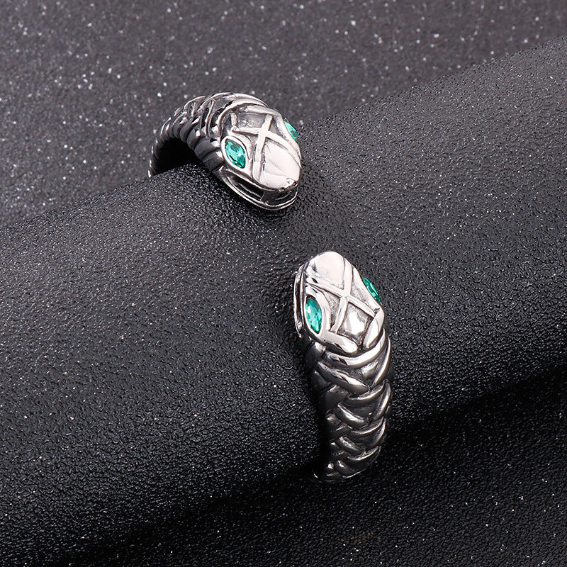 Rock Hip-Hop Zircon-Inlaid Double Snake Opening Titanium Steel Men's Bracelet