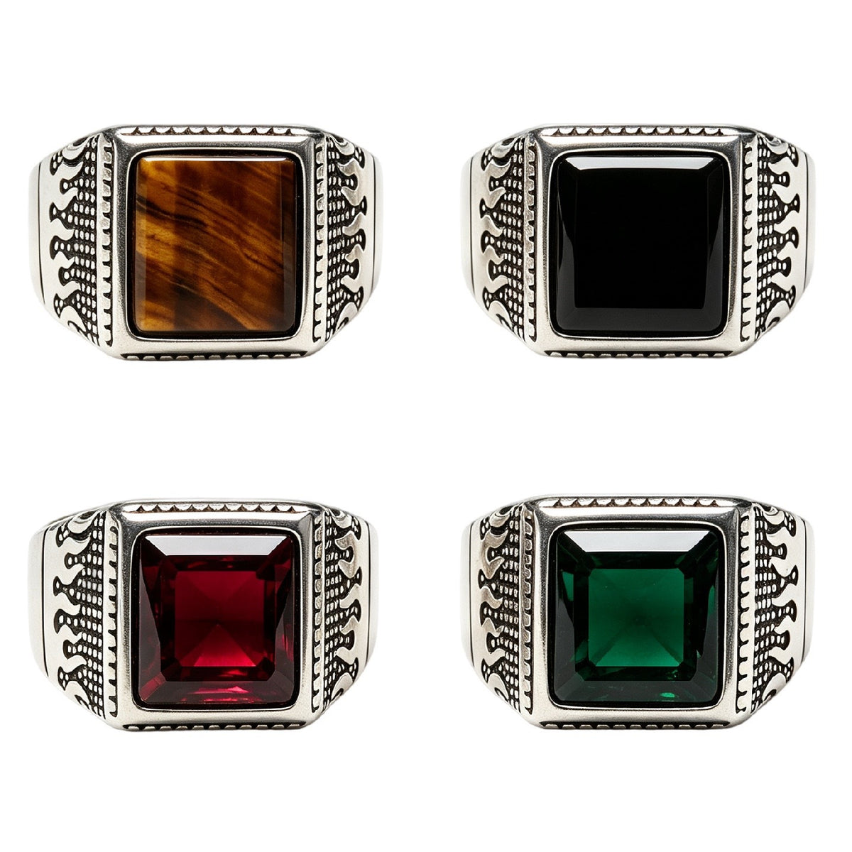 Flame-Detail Gemstone Titanium Steel Ring