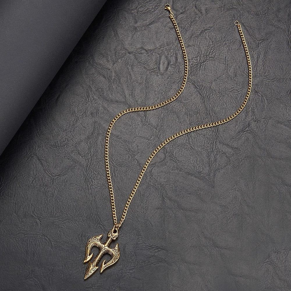 Planderful Jewelry Sea King Trident Necklace in Stainless Steel Three-Dimensional Pendant With Retro Modern Aesthetic