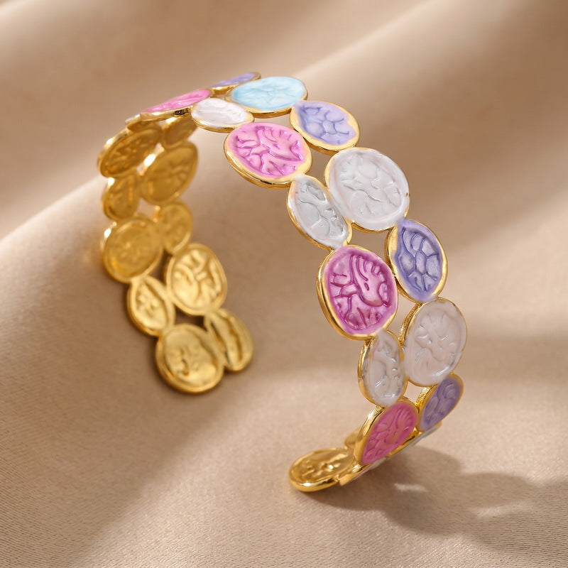 Oval Texture Pearlescent Gradual Change Opening Stainless Steel Bracelet Vacation Style