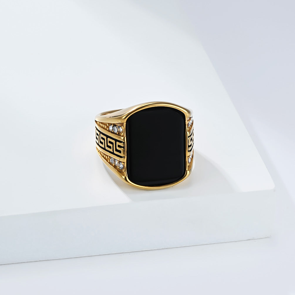 Planderful Titanium Steel Ring For Men Autumn Retro Great Wall Pattern Inlaid Black Stone