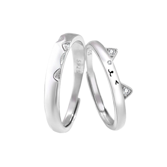 Planderful 925 Sterling Silver Couple Ring Meow Meow Cute Fun Niche Style Adjustable Open Ring For Couples