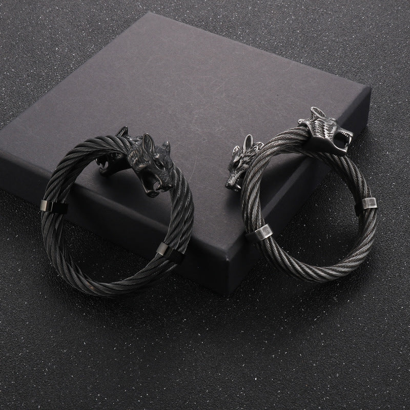 Rock Titanium Steel Braided Wire – Punk Electroplated Wolf Head Men's Open Elastic Bracelet