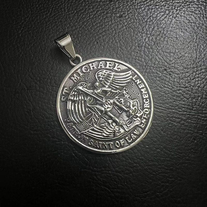 Planderful St Michael Angel Round Pendant Necklace Unisex Titanium Steel Punk Style Jewelry