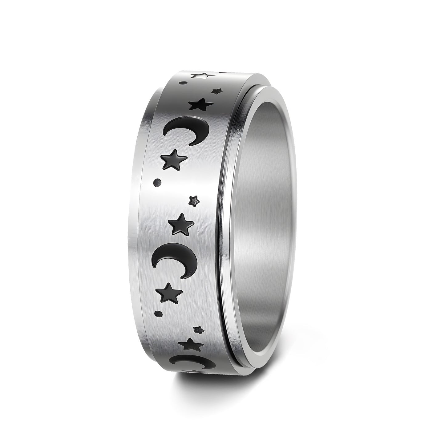 Planderful Everyday Genie 8mm Rotatable Star Moon Stainless Steel Ring For Men Unisex Couples Statement