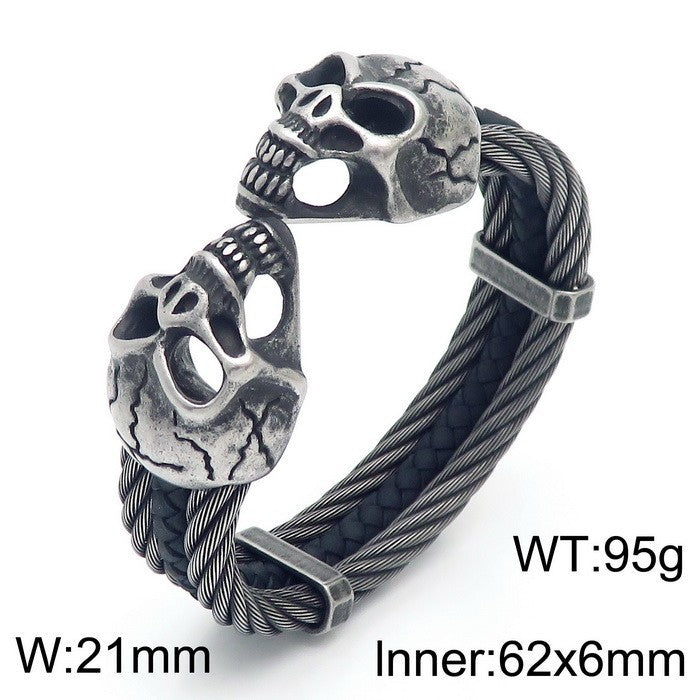 Planderful Mens Skull Wolf Head Steel Leather Bracelet
