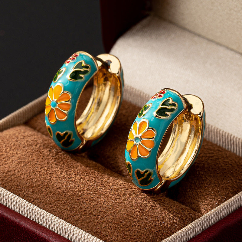 Planderful Vienna Verve Earrings – Versatile Retro Metal Design with Colorful Flower Accents