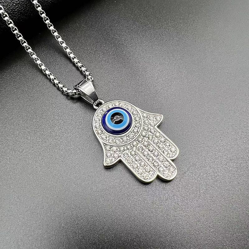 Planderful Fatima Hand Necklace Gold Plated Titanium Steel Rhinestone Blue Eye Hip Hop Pendant For Fashion Lovers