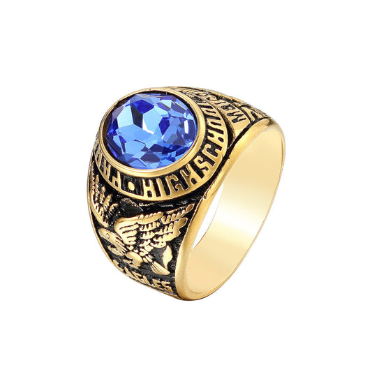 Planderful Eagle Army Ring Stainless Steel With Oval Zircon Unisex Durable Retro Gold Plated Protection