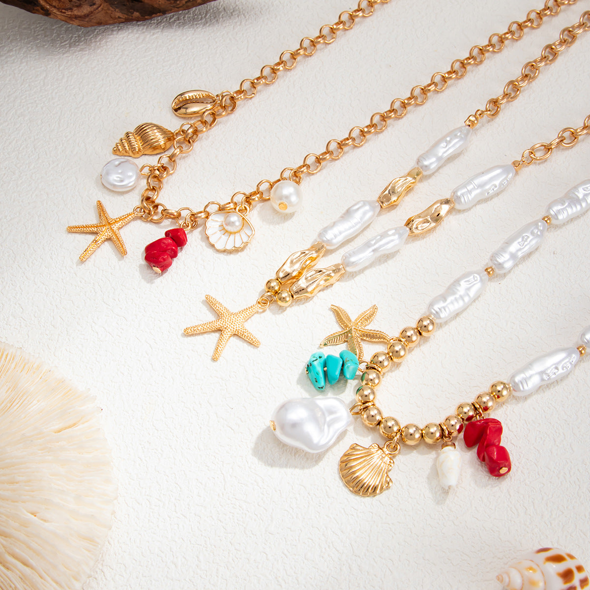 Shell, Starfish & Pearl Coastal Necklace