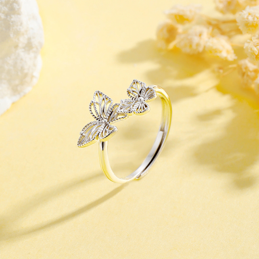 Fengsen Everyday Genie – S925 Sterling Silver Two Butterfly Filigree Ring Versatile High-End Design