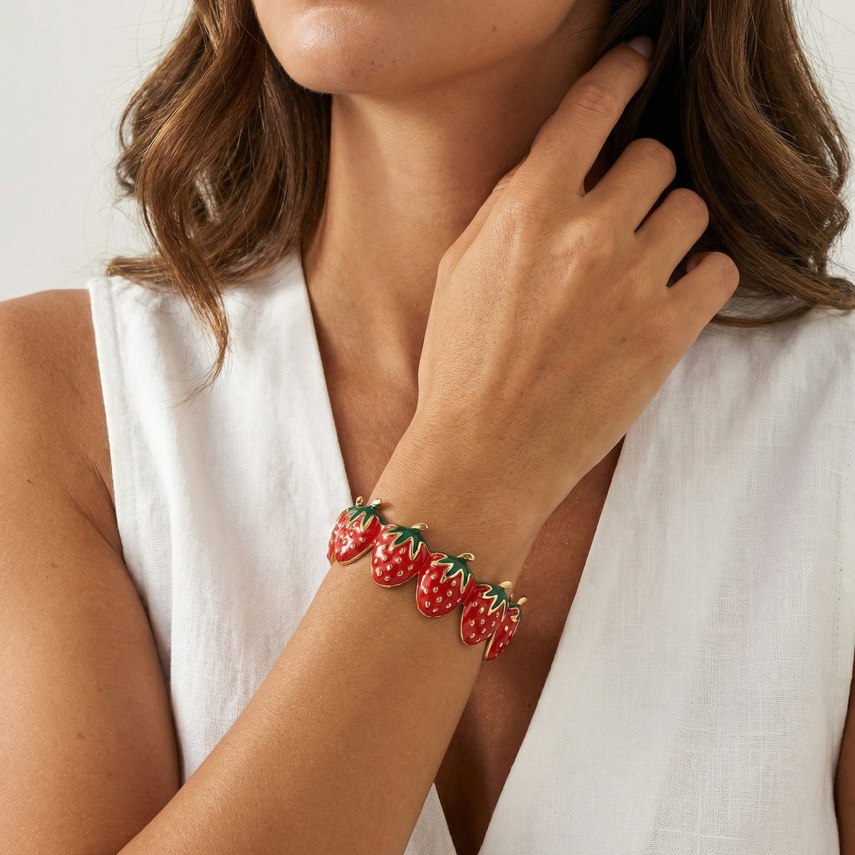 Strawberry Enamel Adjustable Stainless Steel Bracelet
