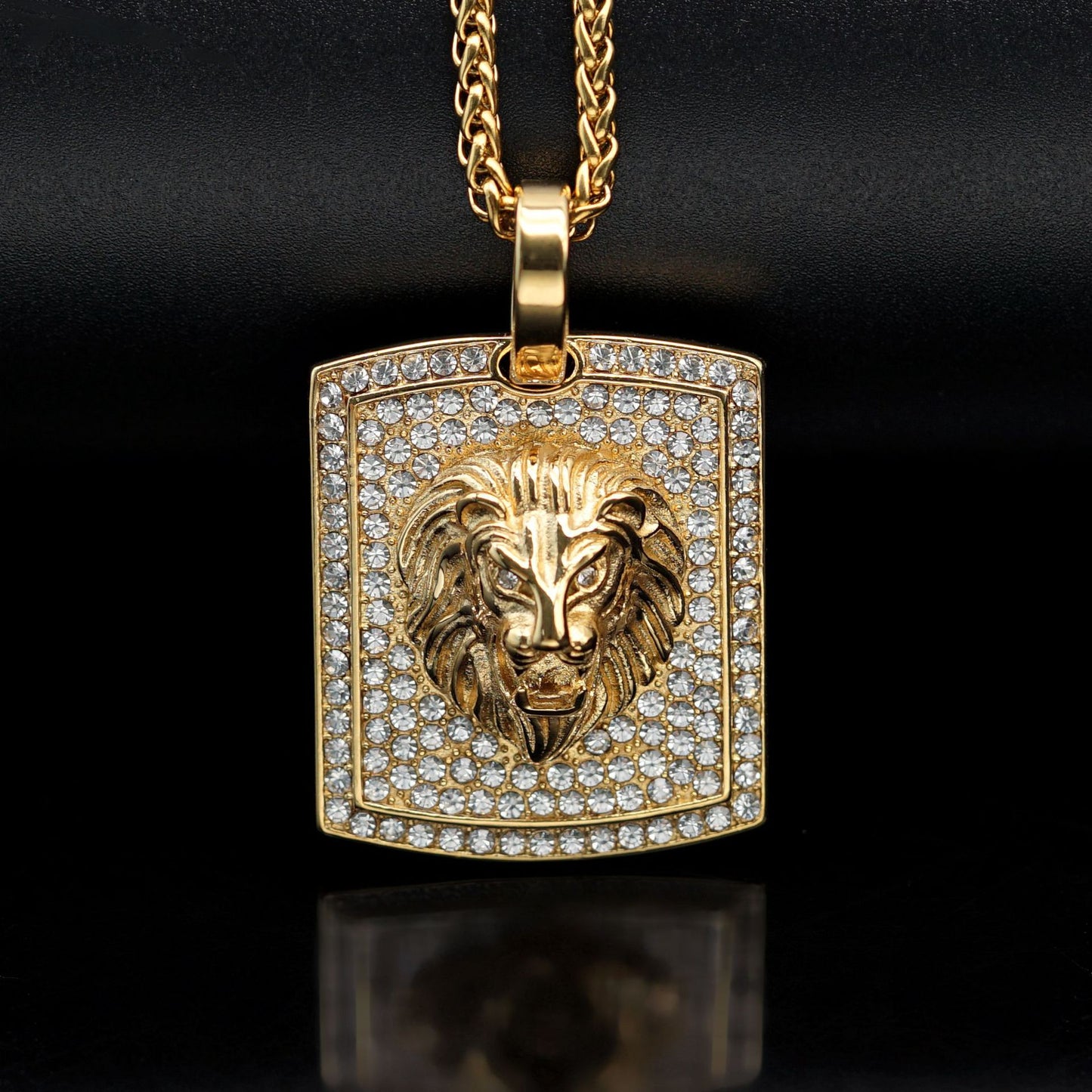 Planderful Lion Head Pendant Necklace Titanium Steel Gold Plated Zircon Unisex Hip Hop Jewelry
