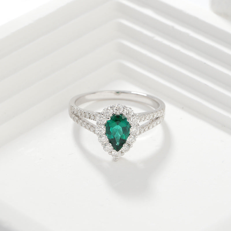 Jewelry 1 Carat Water Drop Lab Grown Emerald Halo Ring