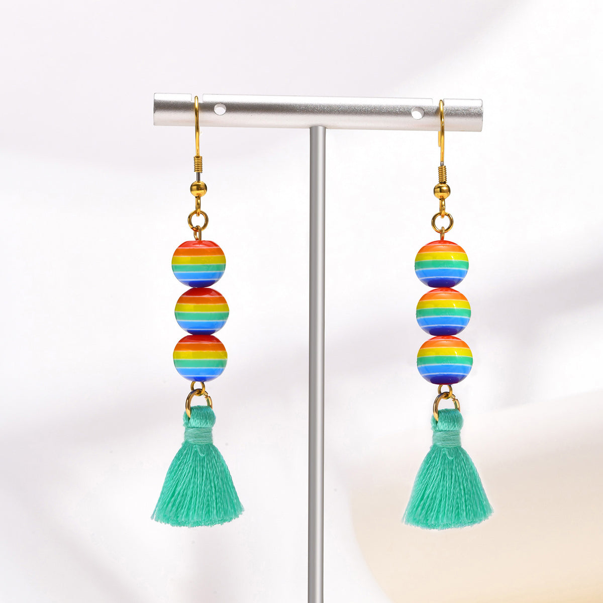 Rainbow Bead Tassel Drop Earrings