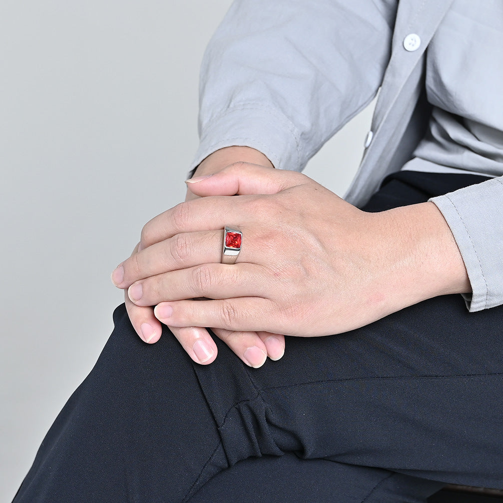 Planderful Mens Rhombus Cut Glass Gem Titanium Steel Ring Premium Personalized Fashion Jewelry for Men