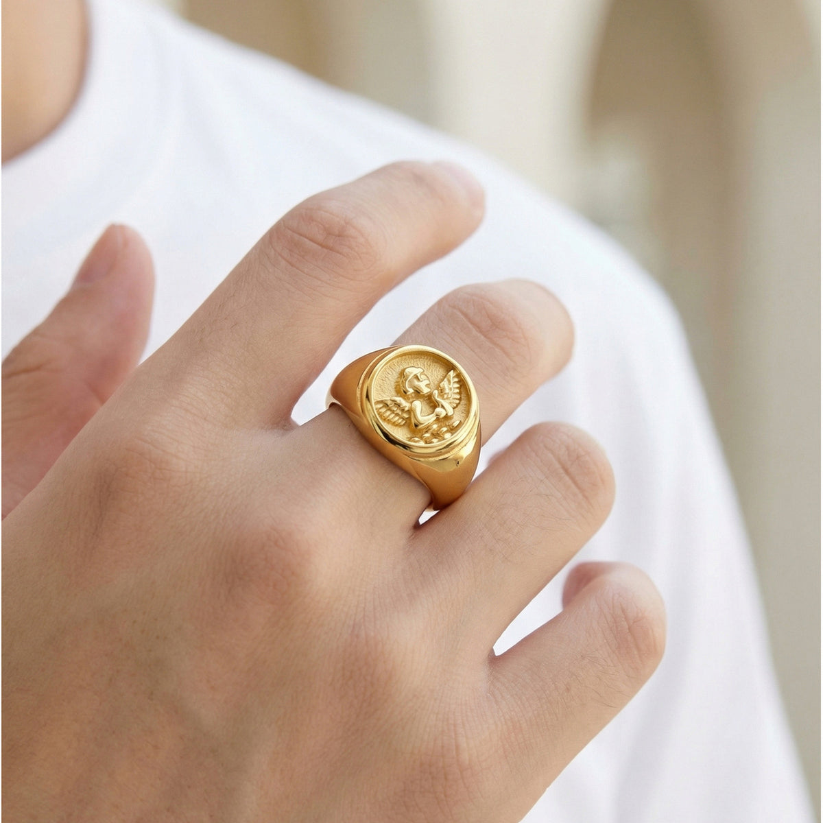 Stainless Steel Style Cupid Relief Seal Index Finger Ring Gold