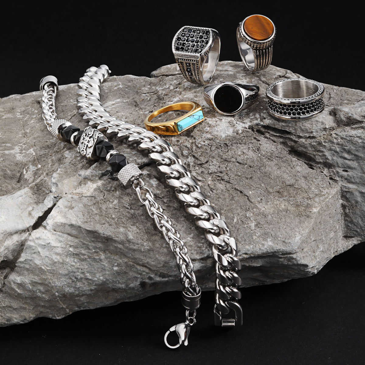 Stainless Steel Hip Hop Zircon Tiger's Eye Ring and Bracelet Men's Turquoise Wear