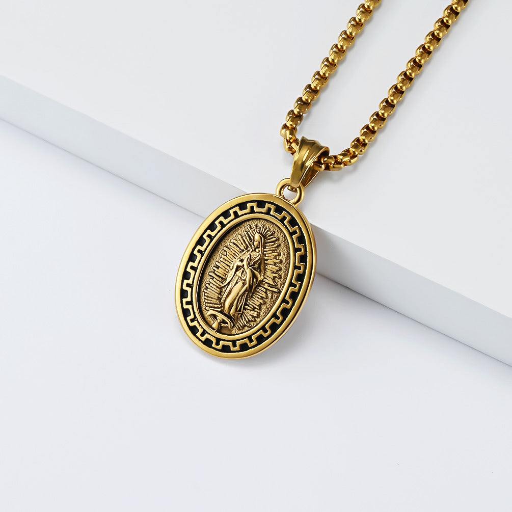 Planderful Virgin Mary Necklace For Men Retro Street Punk Steel Pendant Titanium Finish