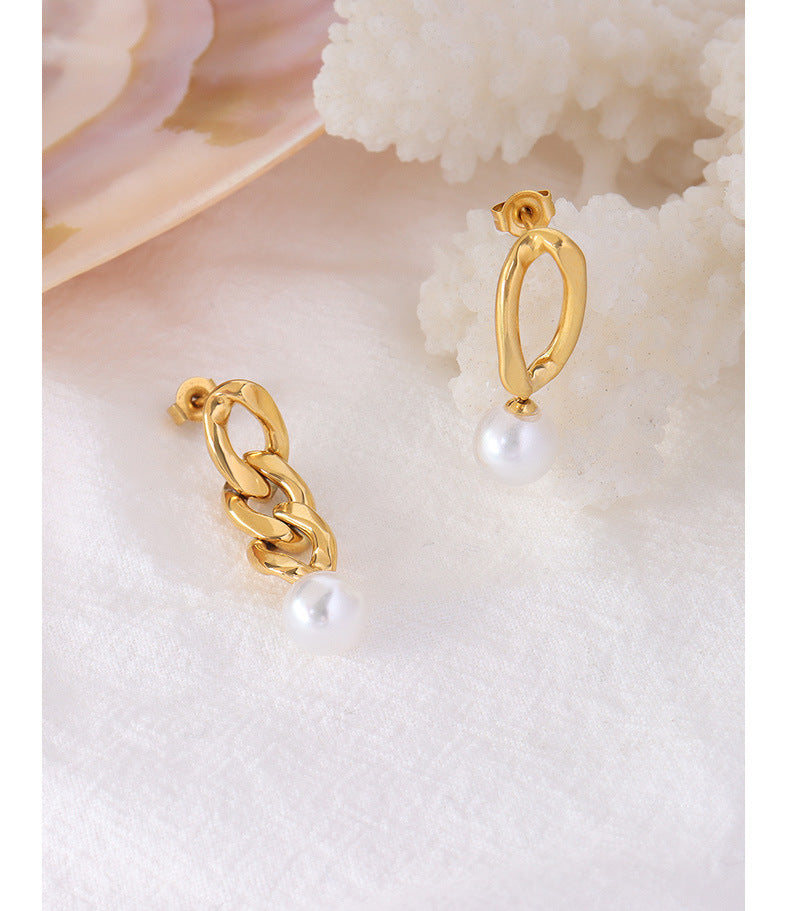 Bold Metal Chain Earrings with Pearl Embellishments - Unique European Design