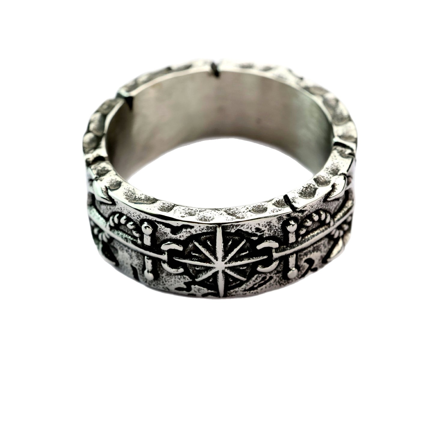 Planderful Titanium Steel Hexagram Anchor Ring For Men Trendy Punk Sailor Style Sun Ray Design