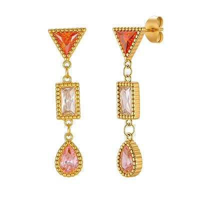 Multicolor Crystal Geometric Drop Earrings — Gold Pair