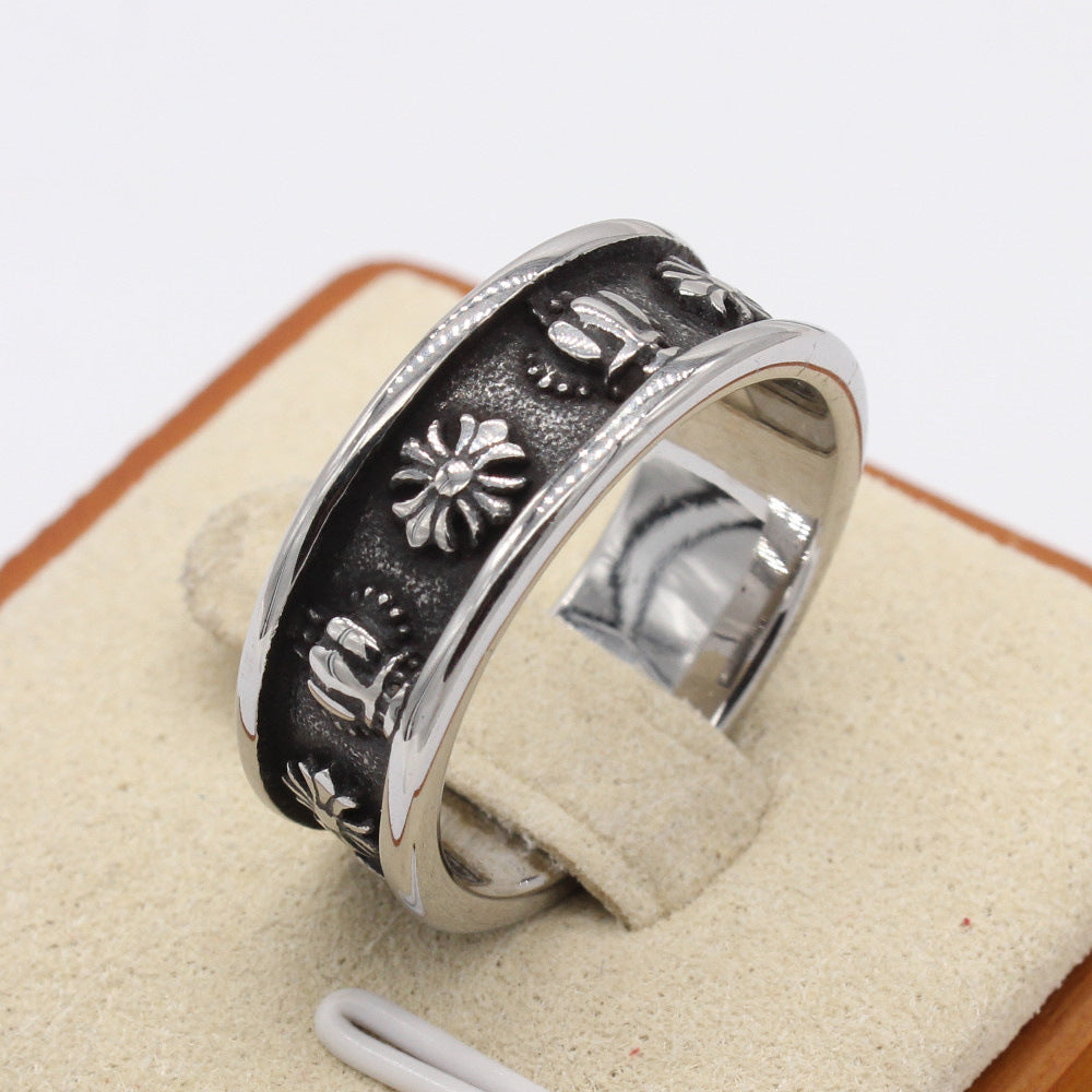 Cross Flower and Crown Grooved Titanium Ring in For Men