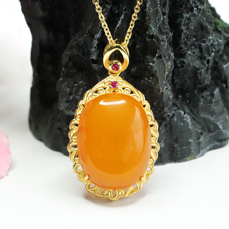 Sterling Silver Oval Honey Wax Amber Pendant Necklace