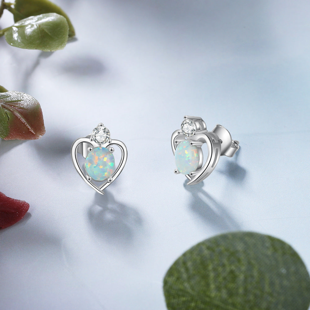 Oval Opal Small Round Zircon Heart Shape Sterling Silver Stud Earrings