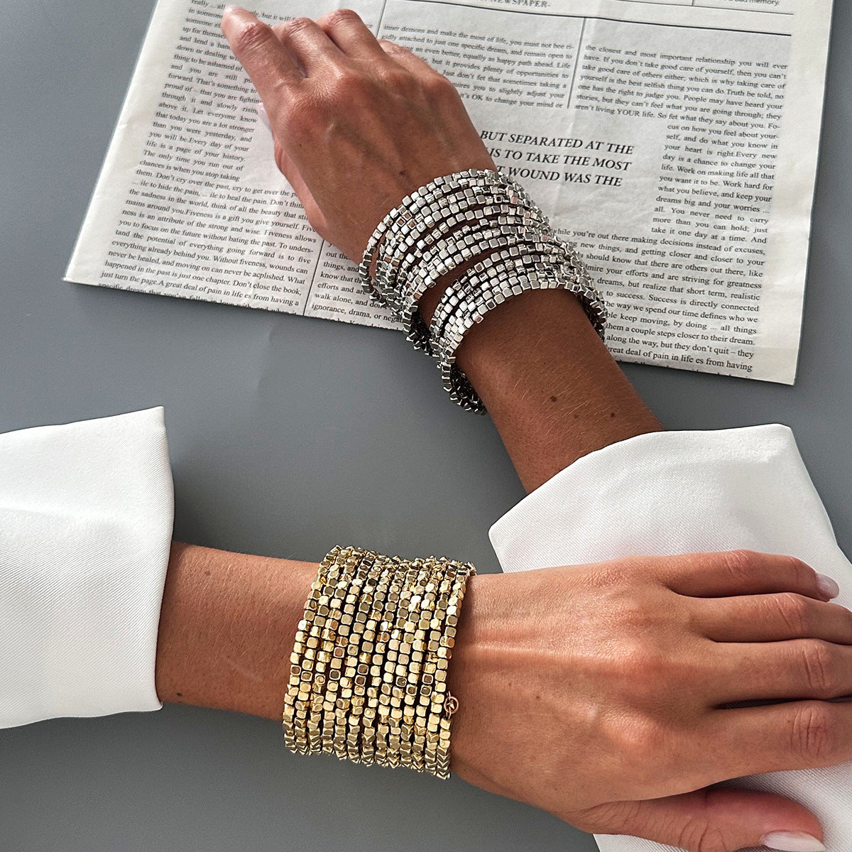 Planderful Vienna Verve Elastic Silver Beaded Bracelet For Women Retro Square Design Statement Jewelry