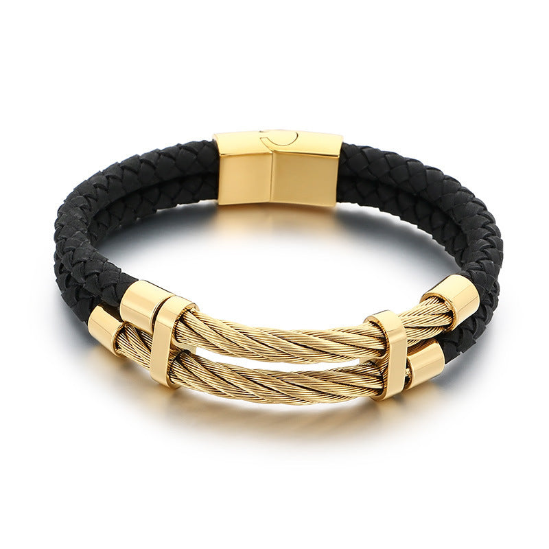 Business Style Black Double Leather Rope Leather Bracelet Layered Stainless Steel