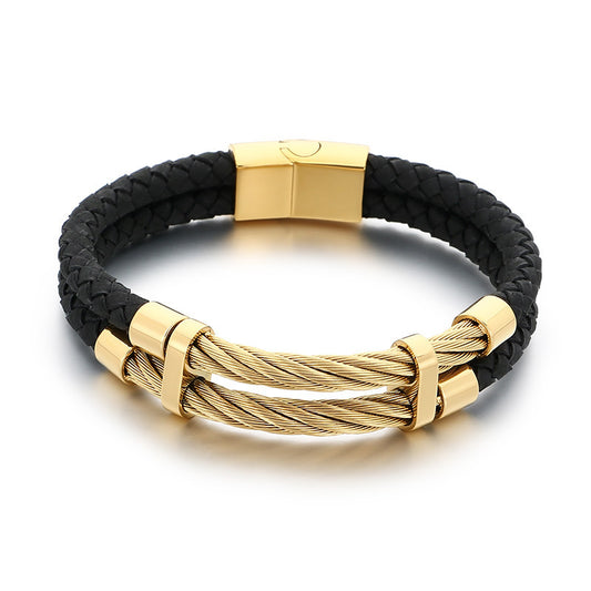 Business Style Black Double Leather Rope Leather Bracelet Layered Stainless Steel
