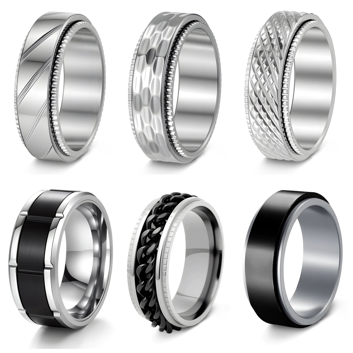 Stainless Steel Ring Rotatable Zircon Edge Embossed Contrast Planderful Everyday Genie for Men Unisex