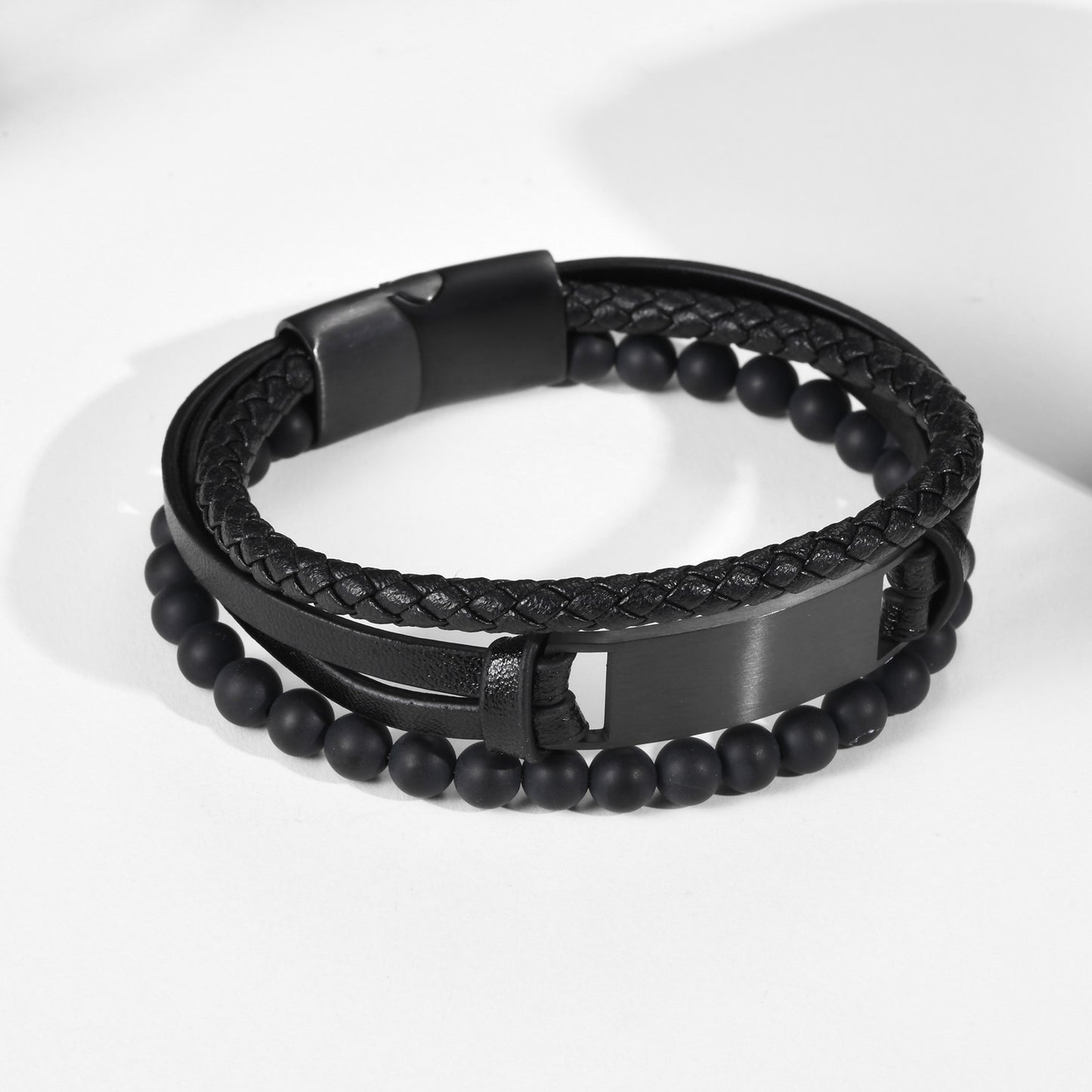 Cross-Border European And American Titanium Steel Leather Bracelet Black For Men