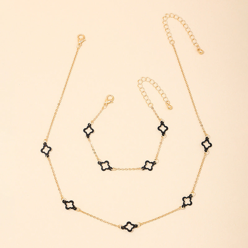 Summer Versatile Metal Clover Necklace Bracelet Set for Women