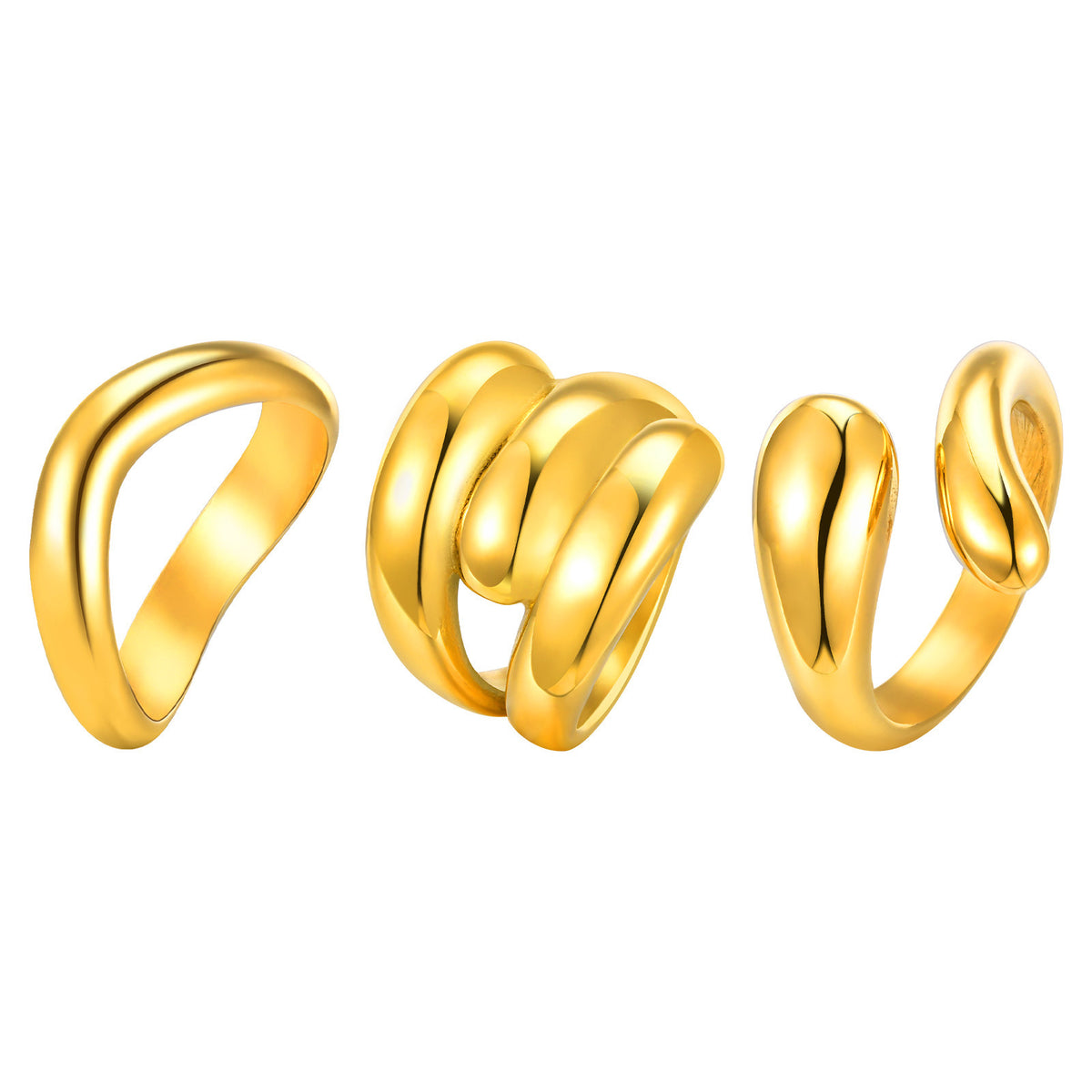 Stylish Stainless Steel Smooth Three-Layer Water Drop Geometric Wave Gold Ring