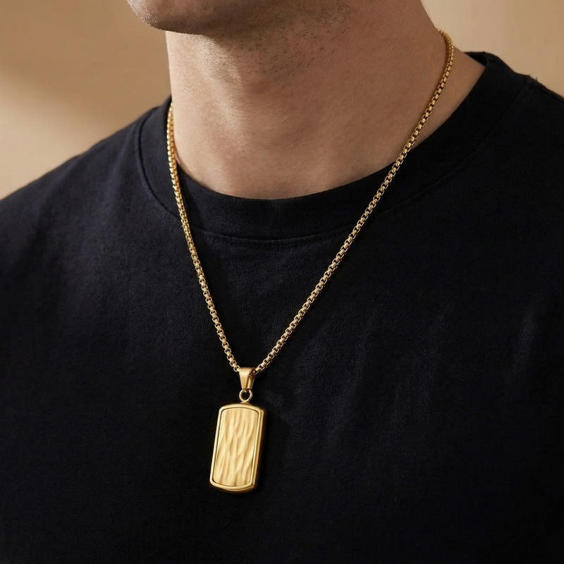 Military Brand Square Pearl Chain Necklace, And Wave Pattern Square Brand Stainless Steel