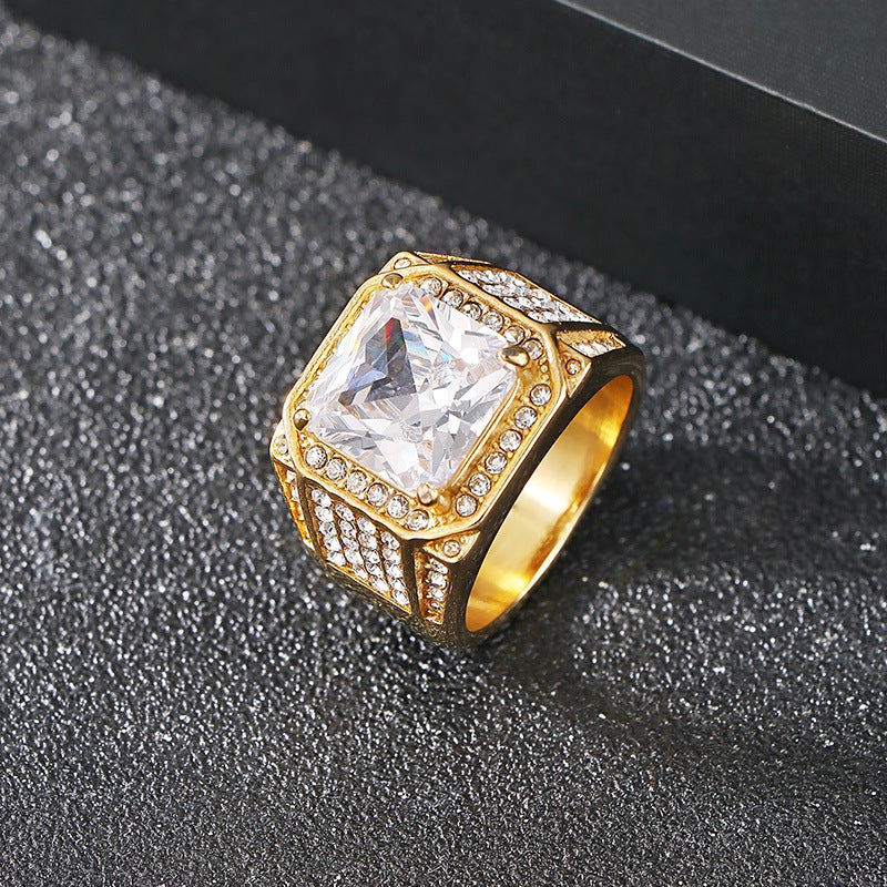 Planderful Luxury Zircon Ring for Men Gold Plated Titanium