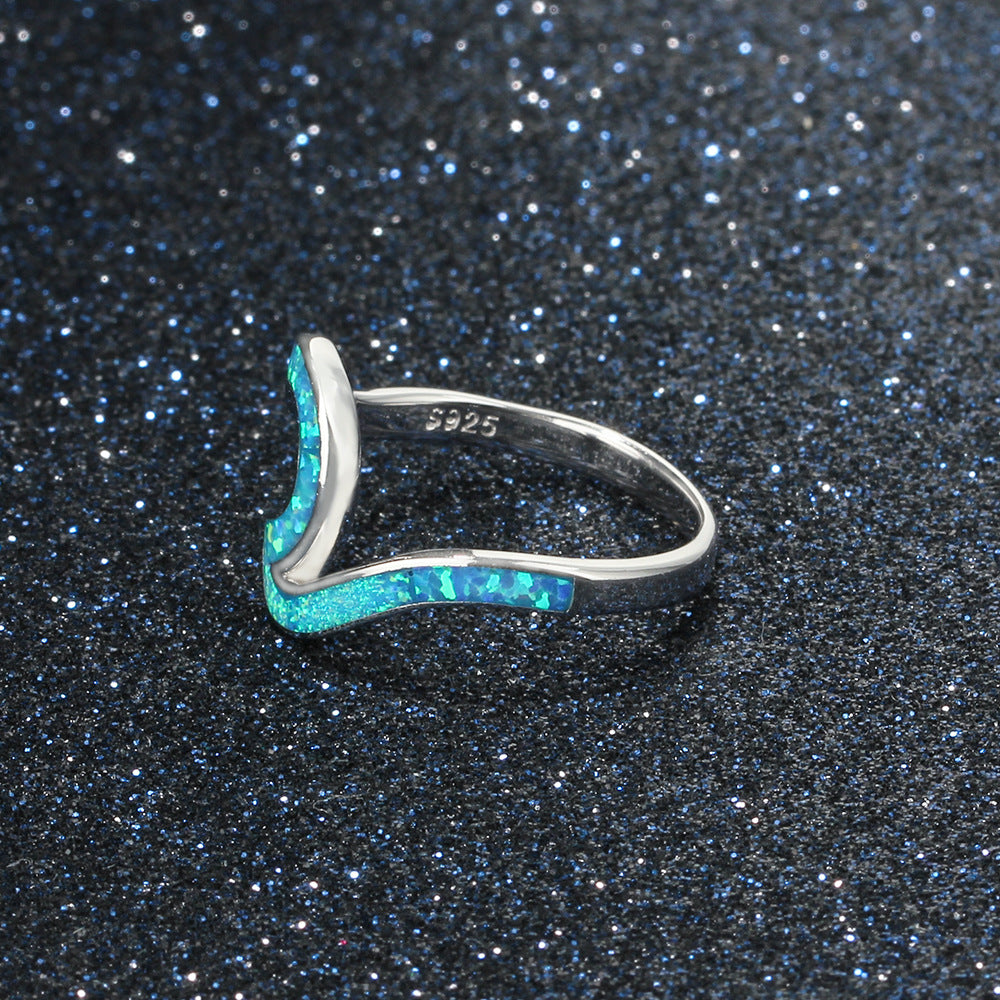 Planderful Jewelry Sterling Silver Opal Ring Blue Geometric Design For Women Collection