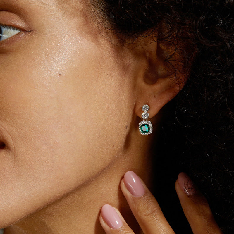 S925 Sterling Silver Lab-Grown Emerald Geometric Stud Earrings