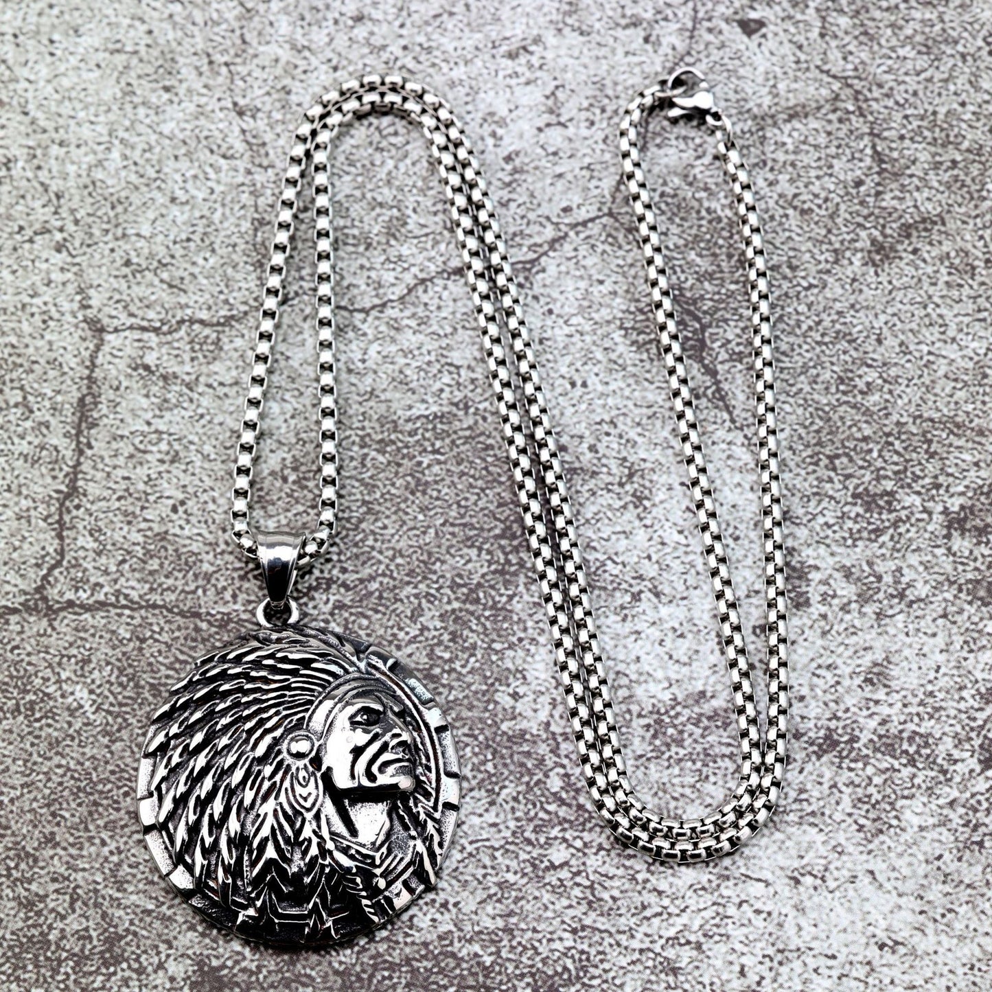 Planderful Retro Stainless Steel Mens Pendant Single Sided Indian Chief Design For Men Gift Idea