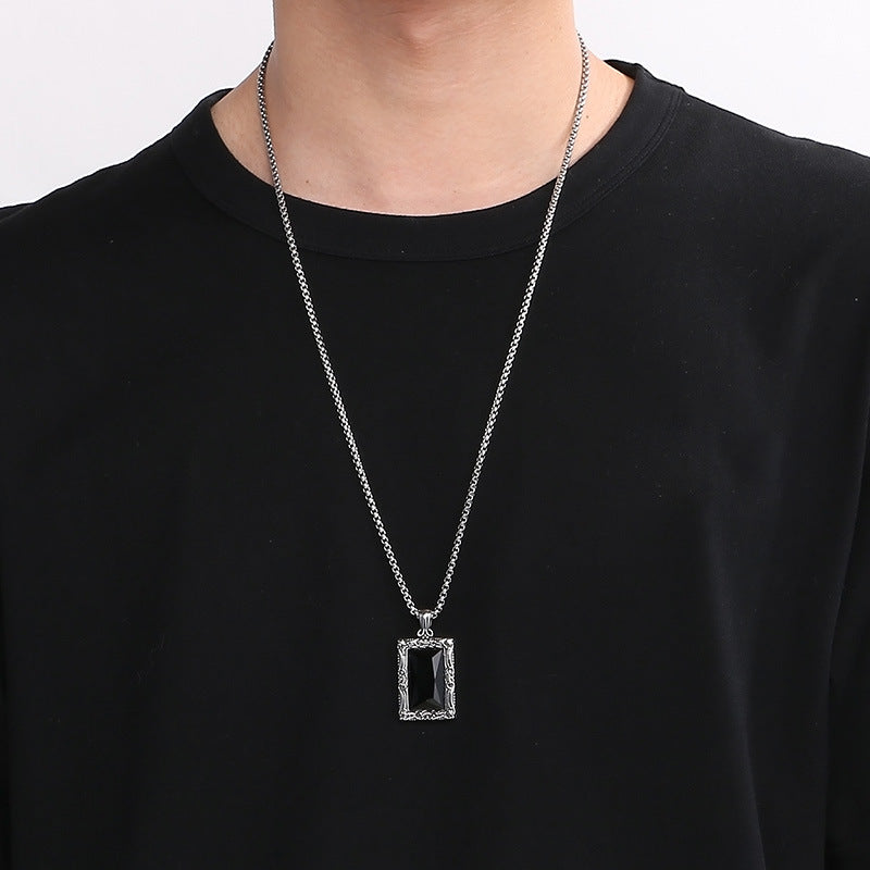 Retro Engraved Sapphire Inlaid Titanium Steel Hip-Hop Pendant for Men