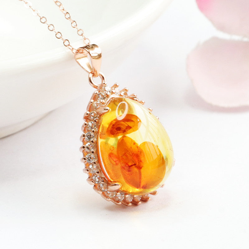 Rose Gold Necklace with Beeswax Amber Pendant and Zircon Halo