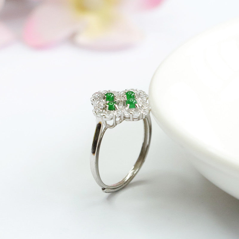 Sterling Silver Adjustable Jade Clover Ring