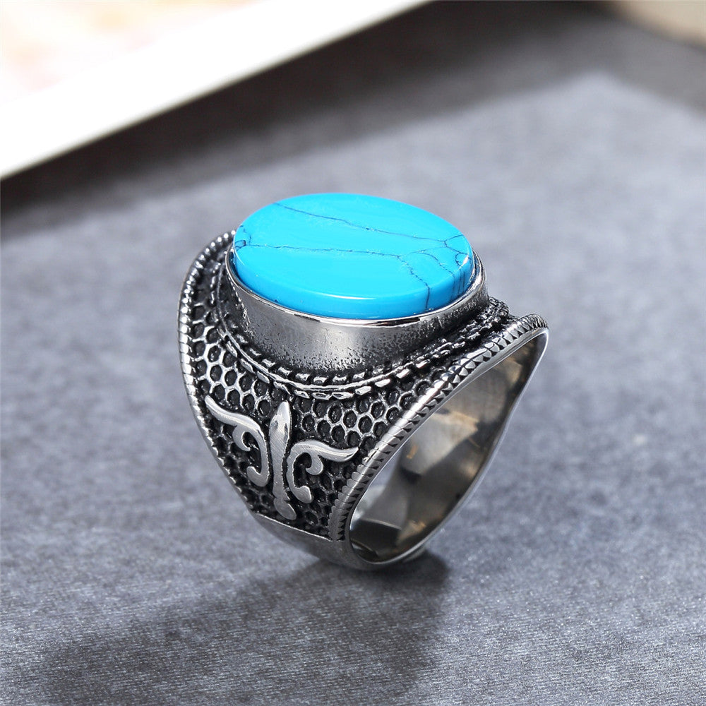 Planderful Everyday Genie Titanium Steel Ring Turquoise Black Stone For Men Unisex Punk Stage Protection Statement