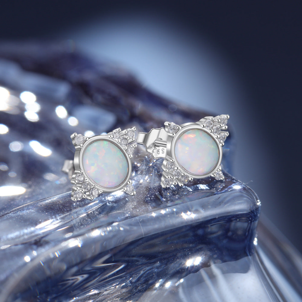 Oval Opal Small Zircon Sterling Silver Stud Earrings