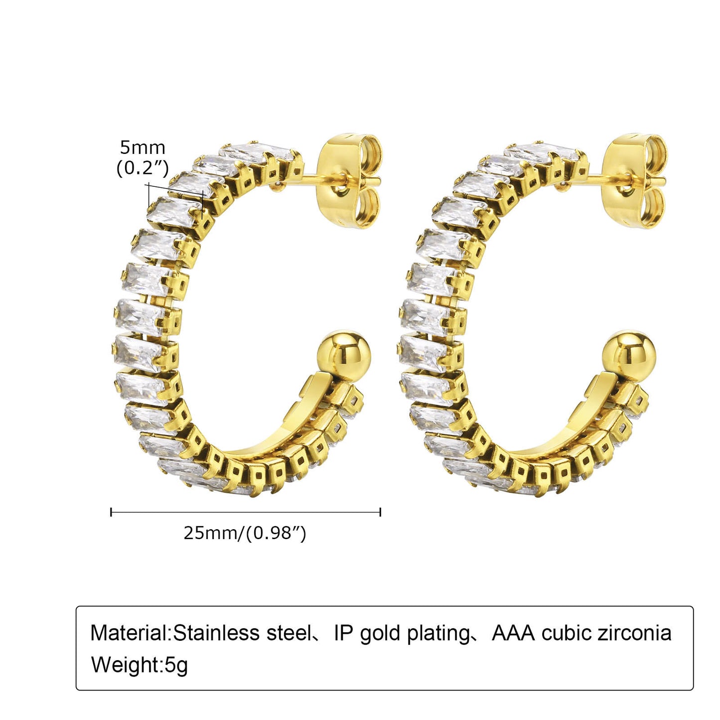 Stainless Steel White Zircon 18K Gold U-Shaped Earrings Women's