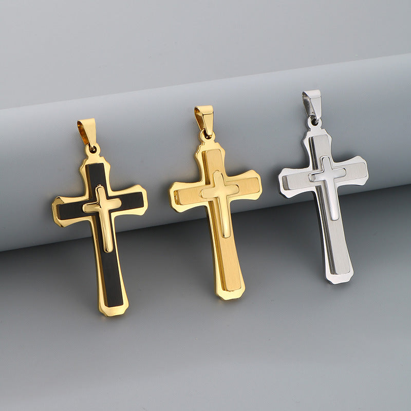 Planderful Men Cross Necklace Bamboo ThreeLayer Titanium